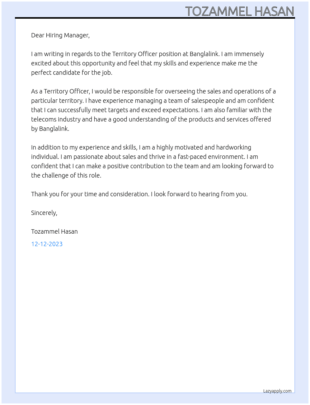 Territory Officer At Banglalink Cover Letter