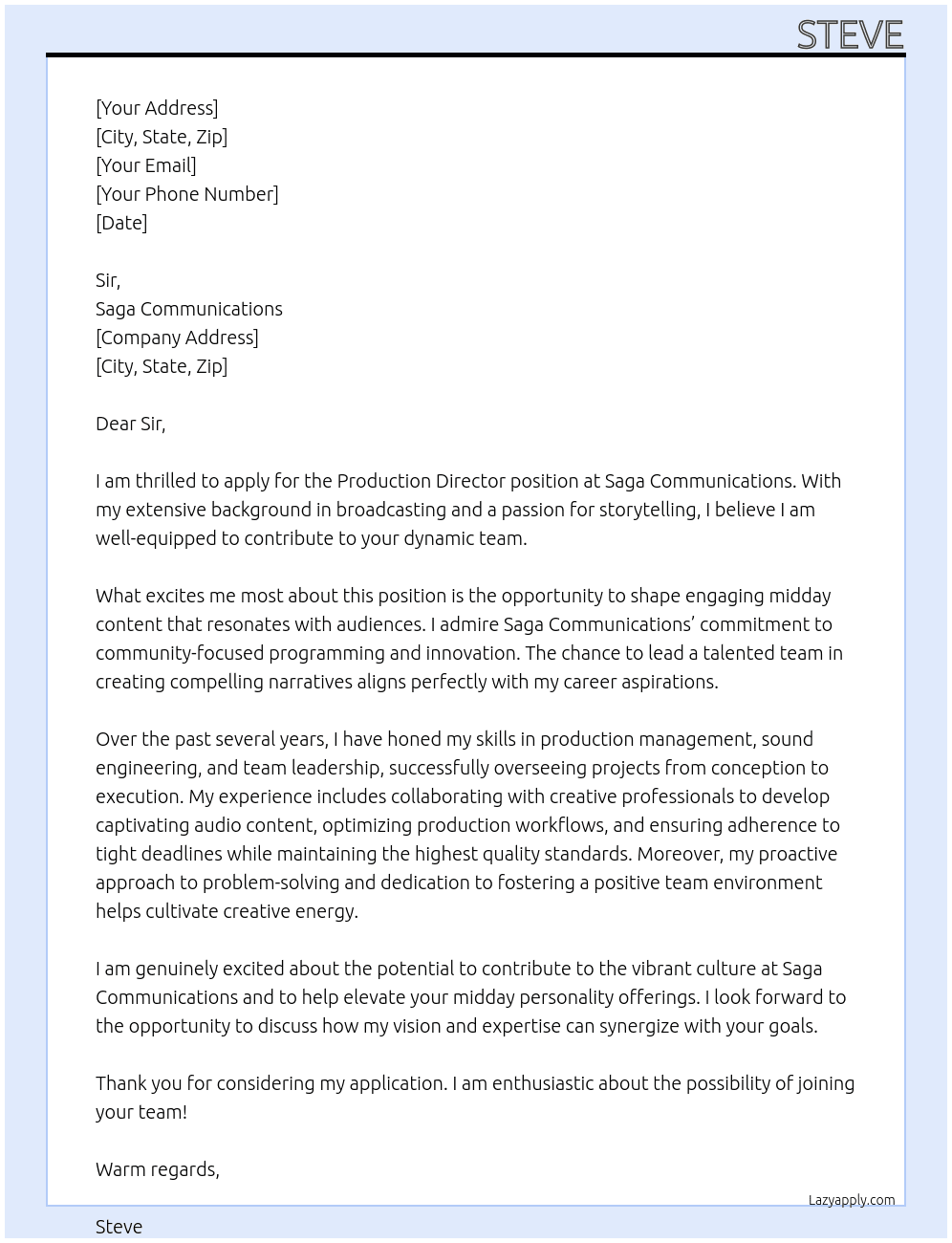 Production Director-Midday Personality  At Saga Communications Cover Letter