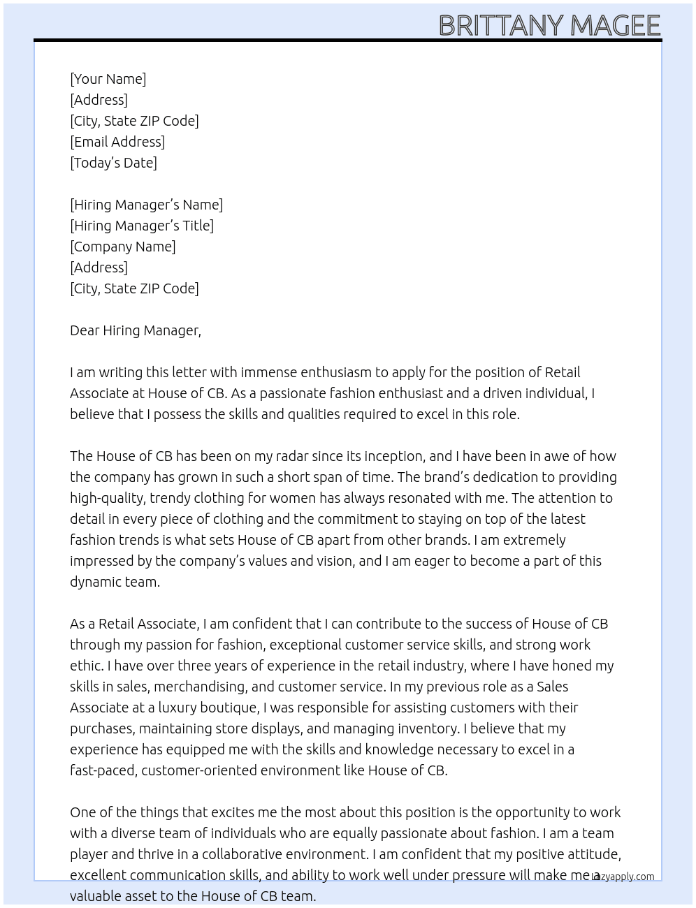 Retail associate  At House of CB Cover Letter