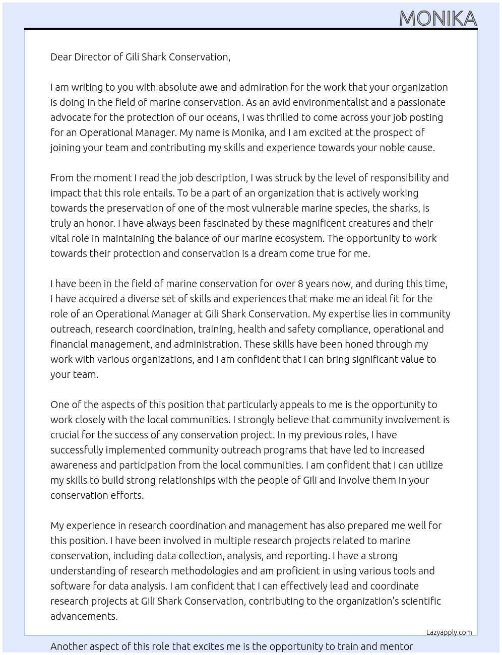 Operational Manager At Gili Shark Conservation Cover Letter
