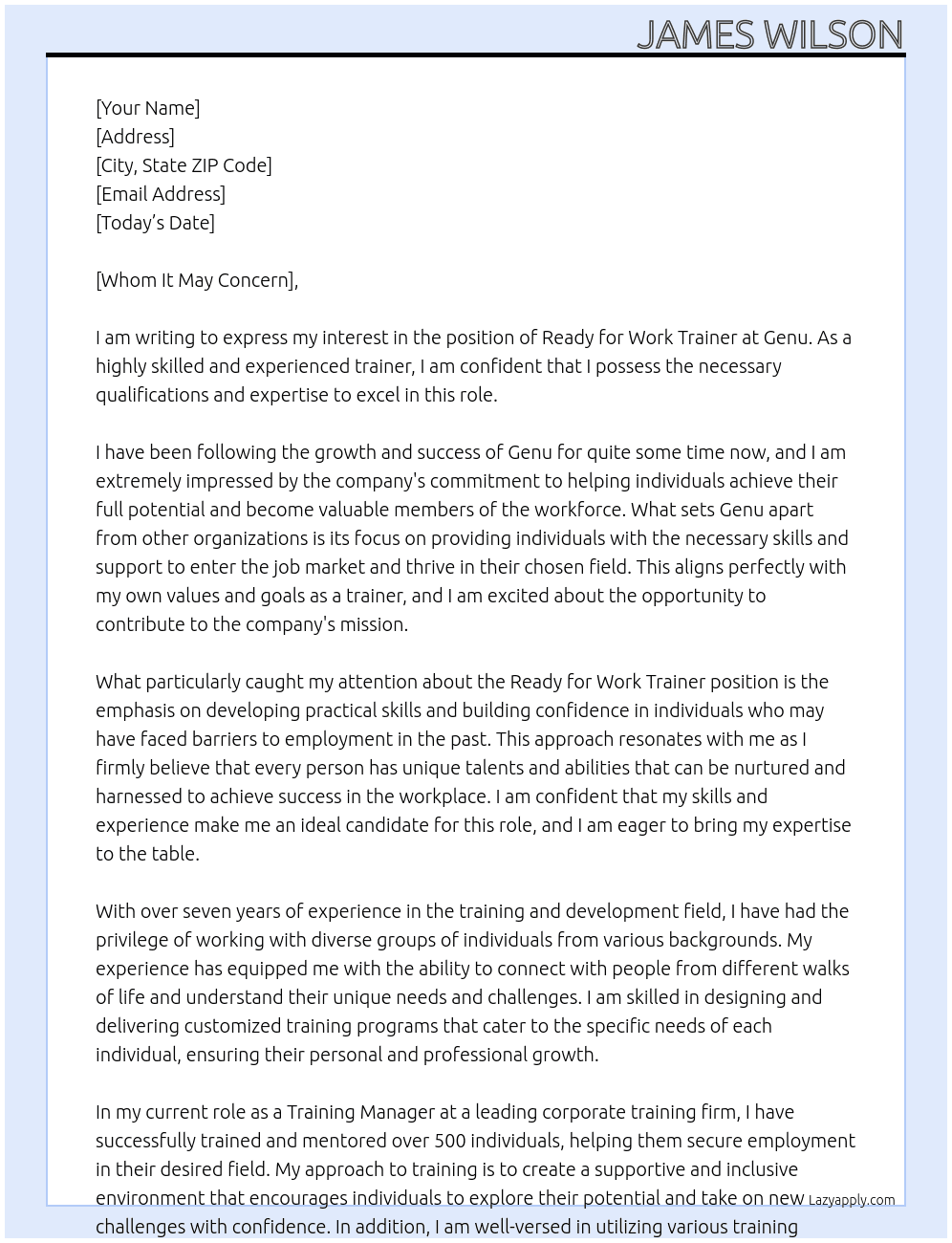 Ready for work trainer At Genu Cover Letter