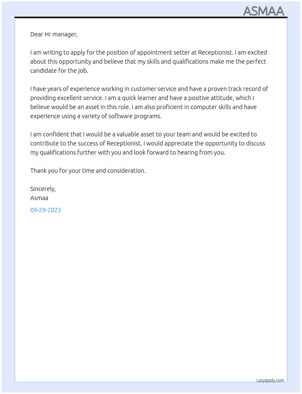 Appointment setter At Receptionist  Cover Letter