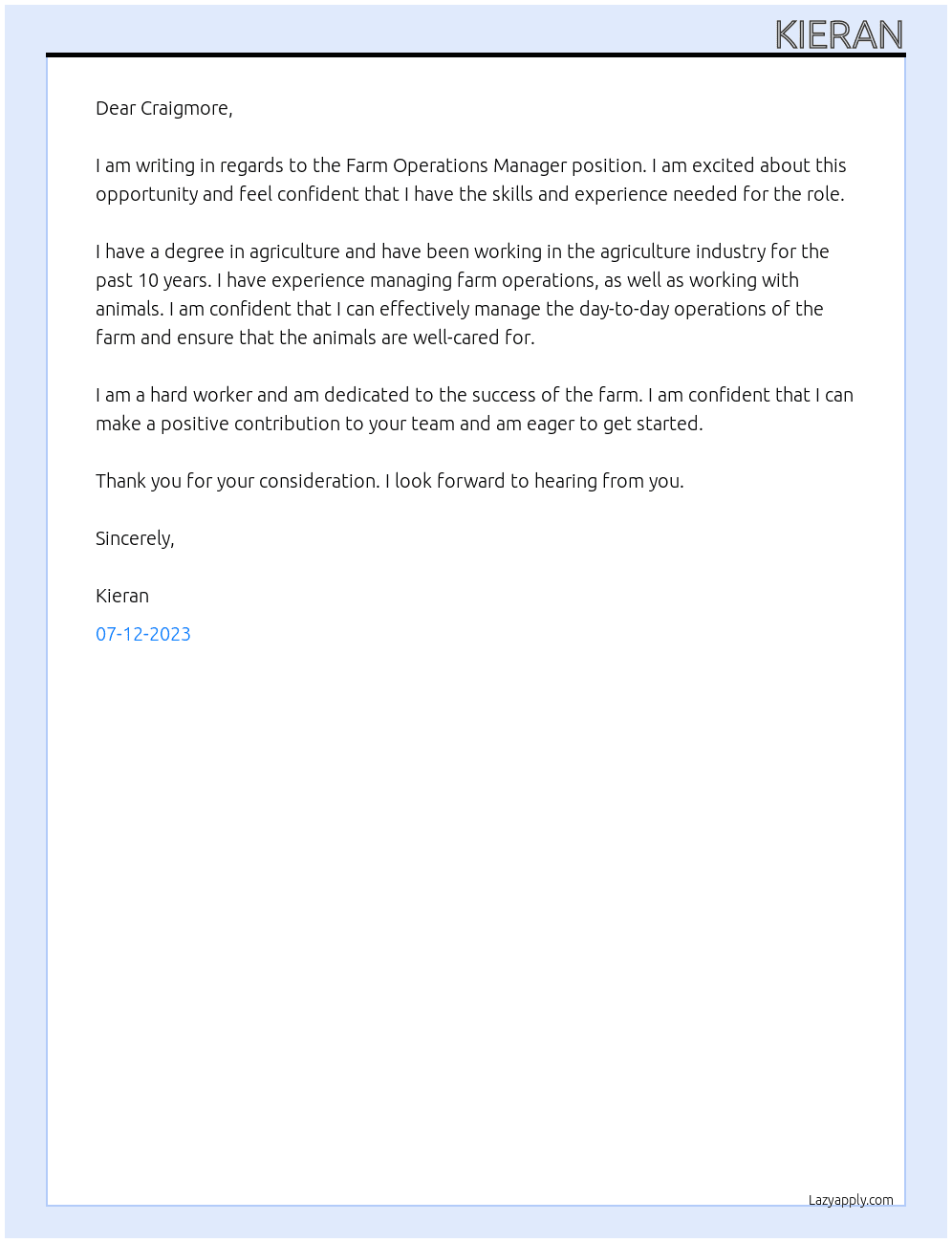 Farm Operations Manager At Craigmore Cover Letter