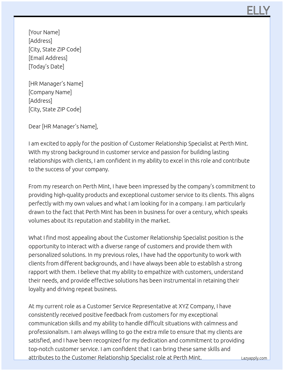 customer relationship specialist At Perth Mint Cover Letter
