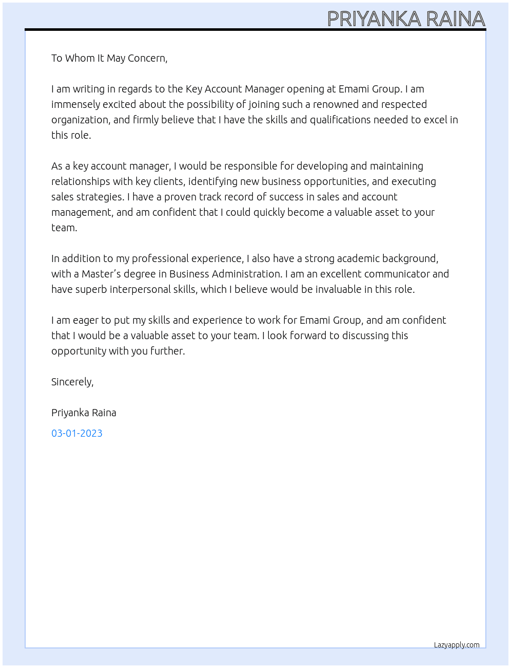 Key Account Manager At Emami Group Cover Letter