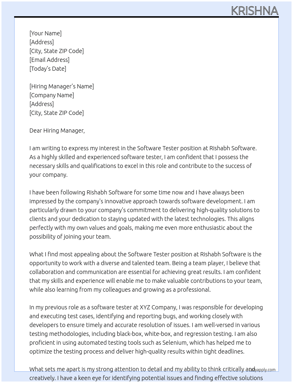 Software tester At Rishabh software Cover Letter