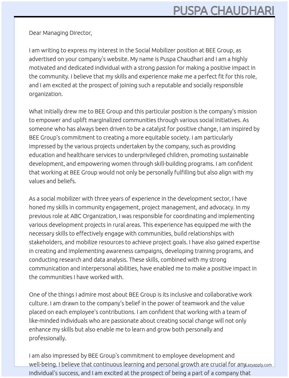 Social Mobilizer At BEE Group Cover Letter