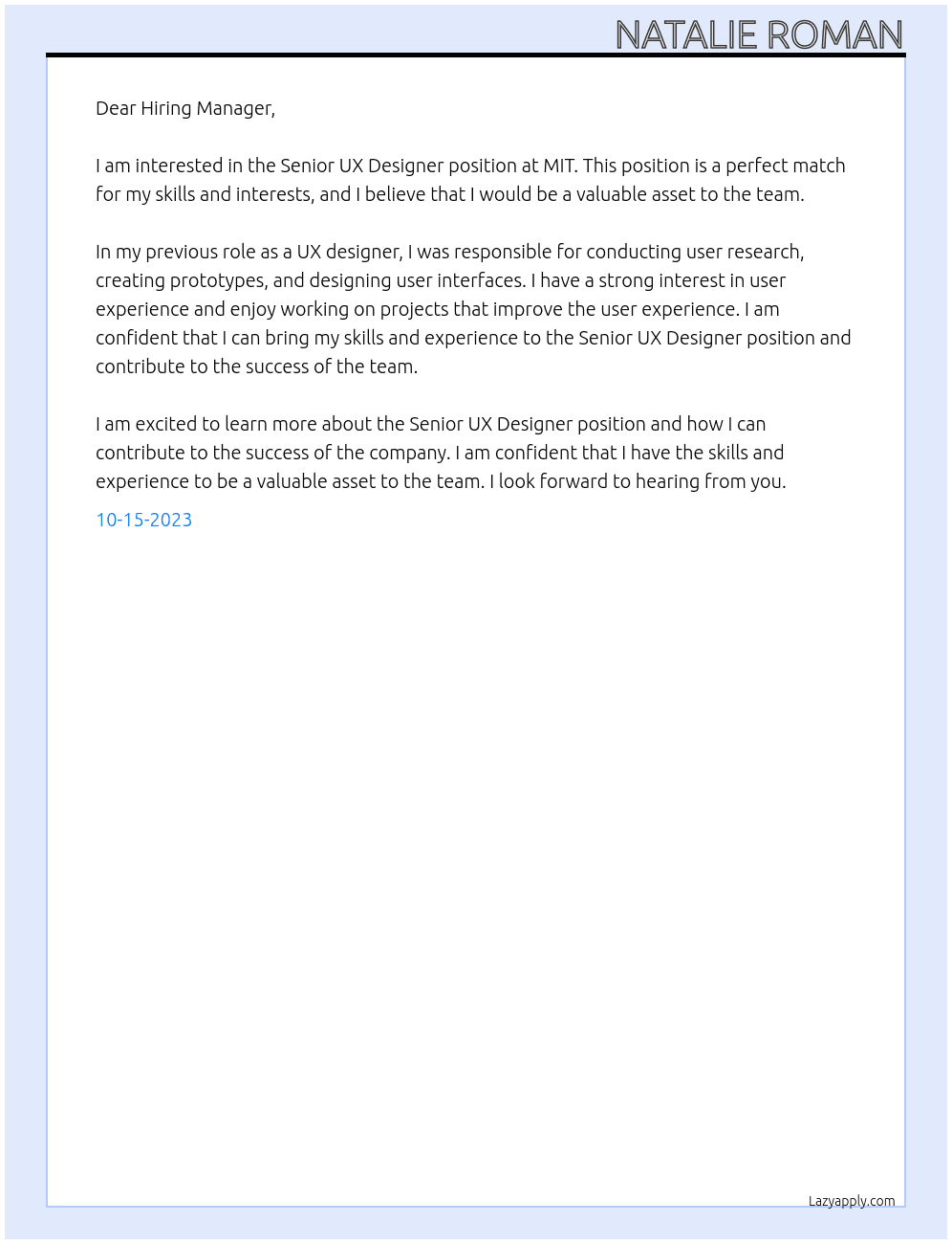 Senior UX Designer At MIT Cover Letter