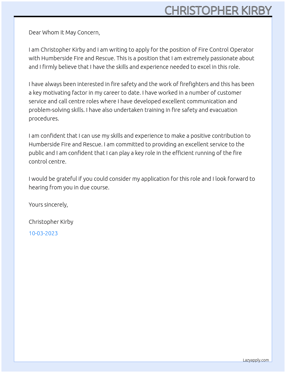 Fire Control Operator At Humberside Fire and Rescue Cover Letter