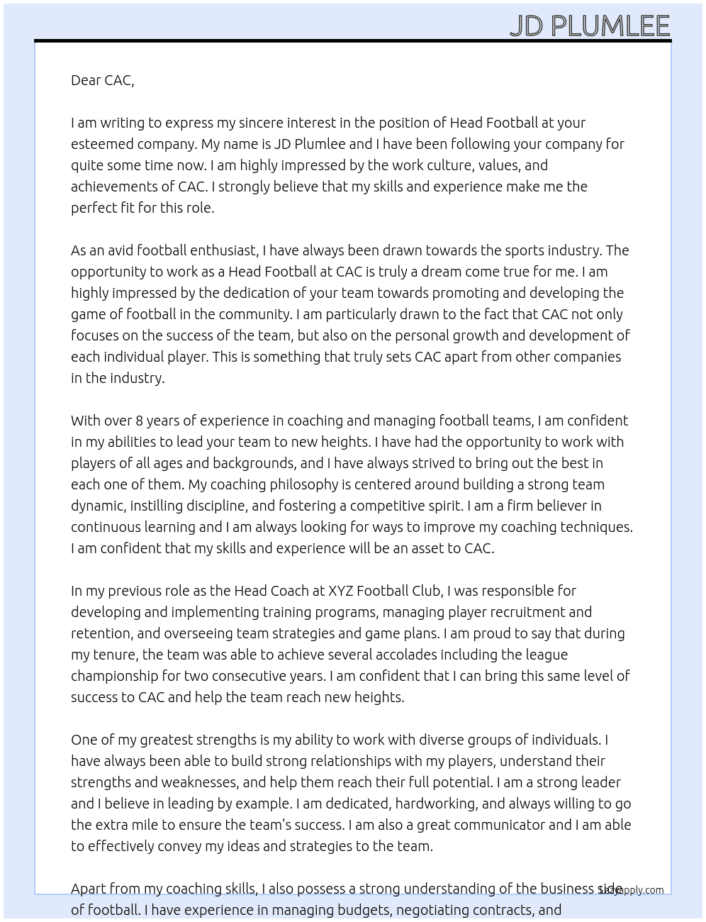 Cover letter for head football - LazyApply