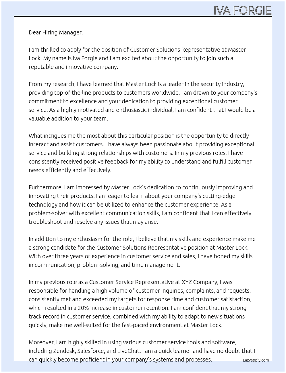 Customer Solutions Representative At Master Lock Cover Letter