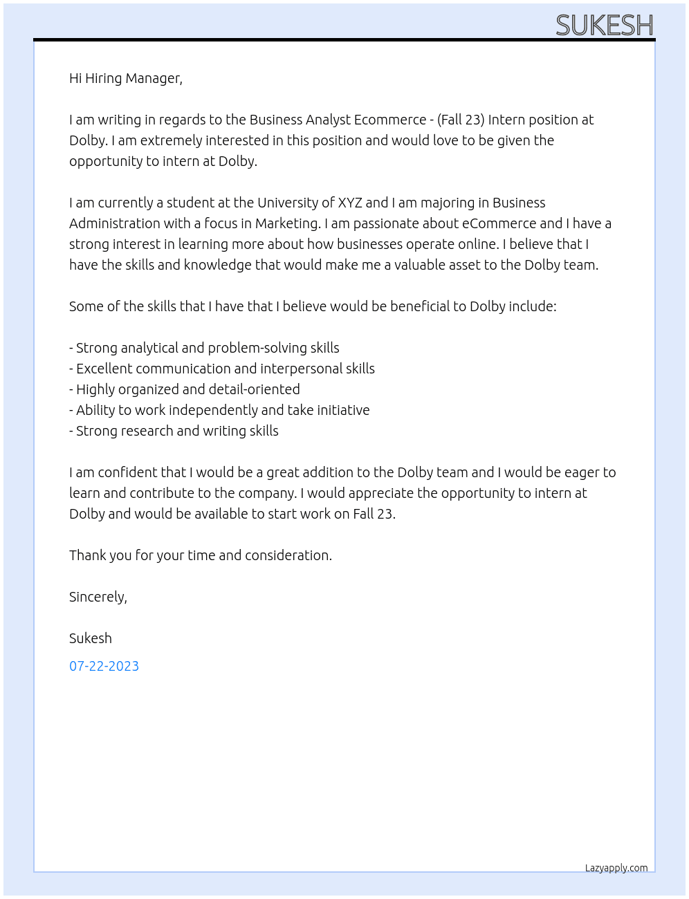 Business Analyst Ecommerce - (Fall 23) Intern At Dolby Cover Letter