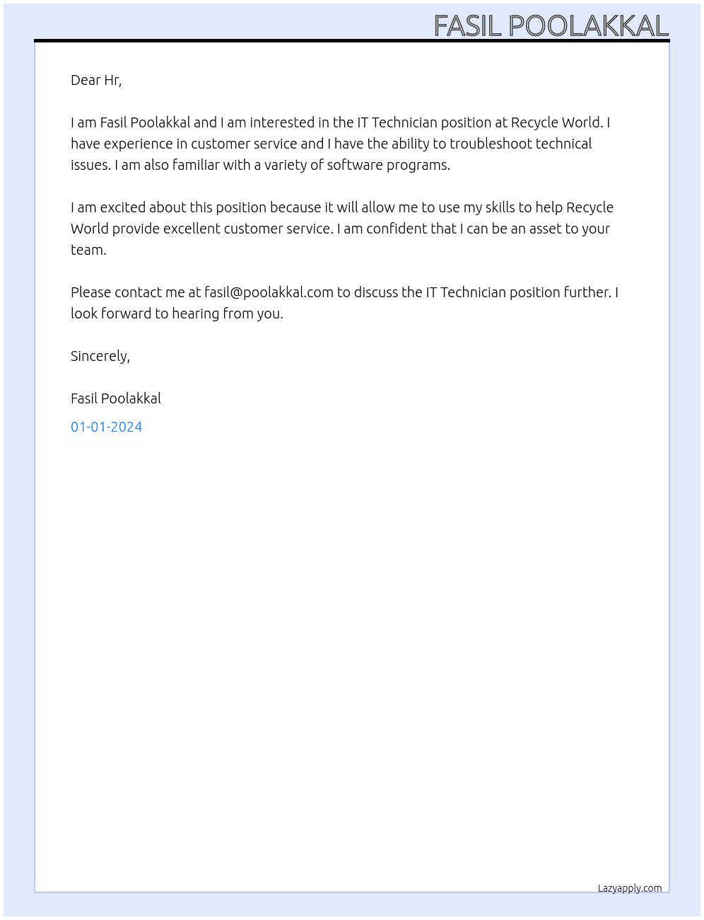 IT Technician At recycle world Cover Letter