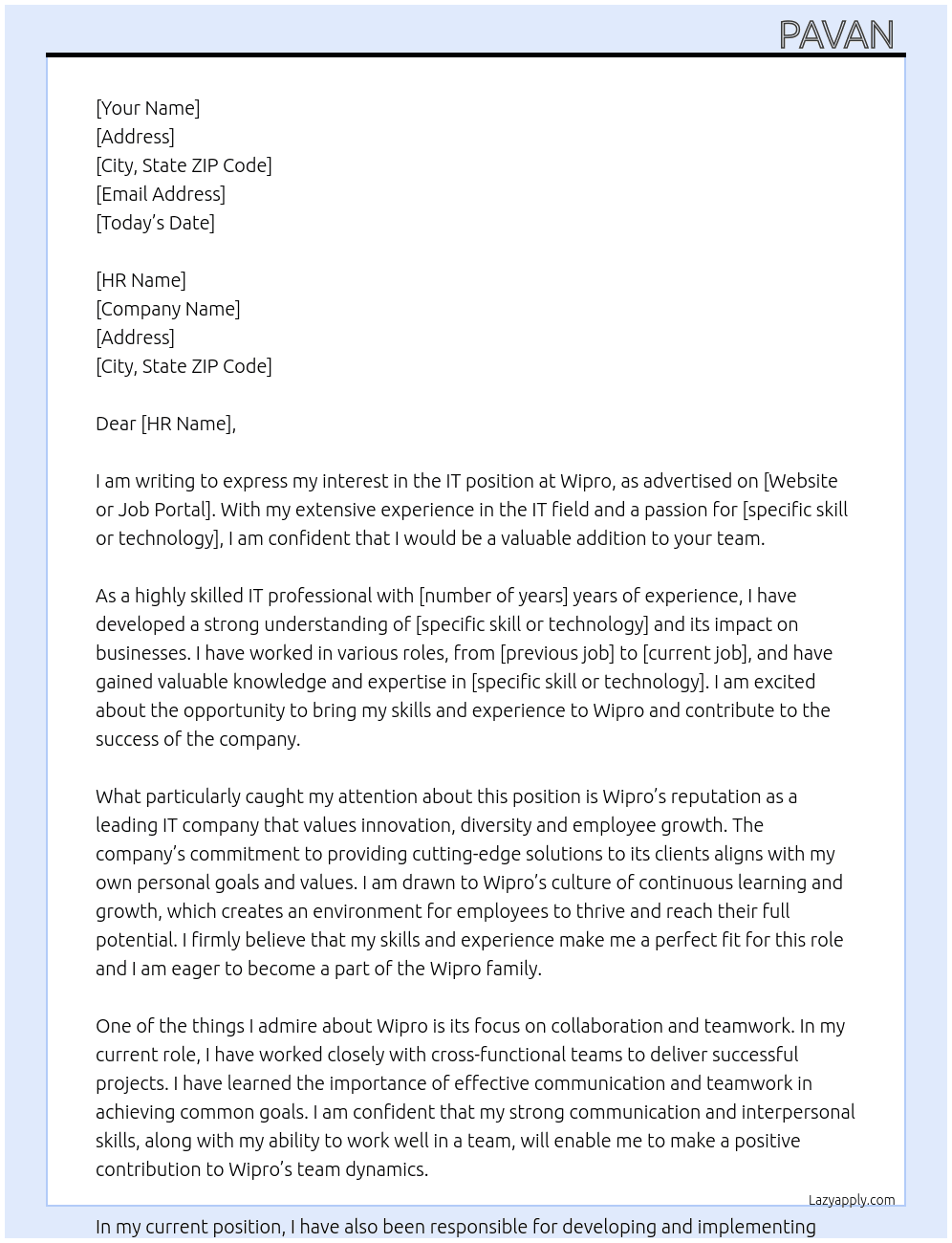 it At wipro Cover Letter