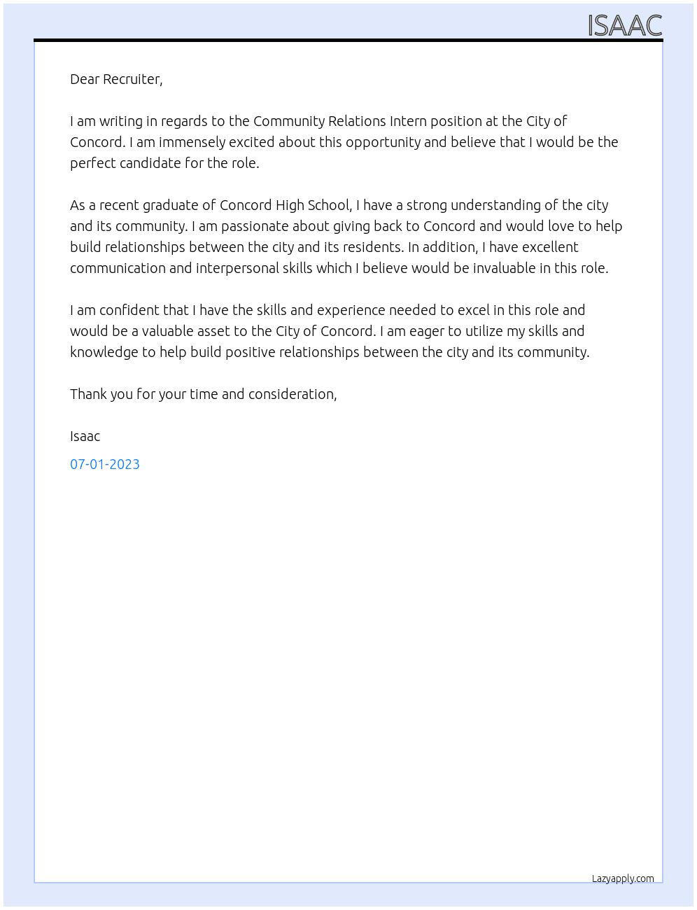 Community Relations Intern At City of Concord Cover Letter
