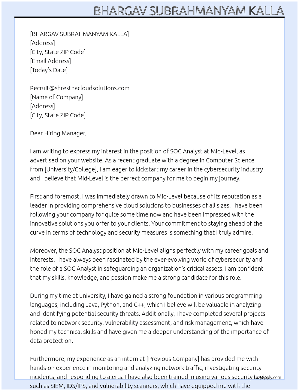 SOC ANALYST Fresher At MID -LEVEL  Cover Letter