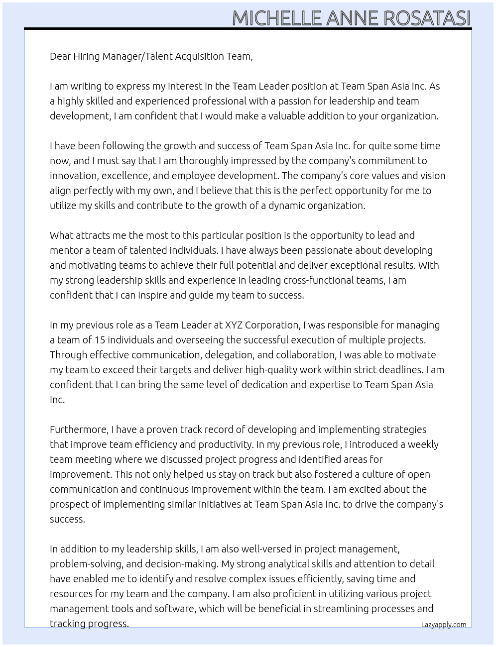 Team leader At Team Span Asia Inc. Cover Letter