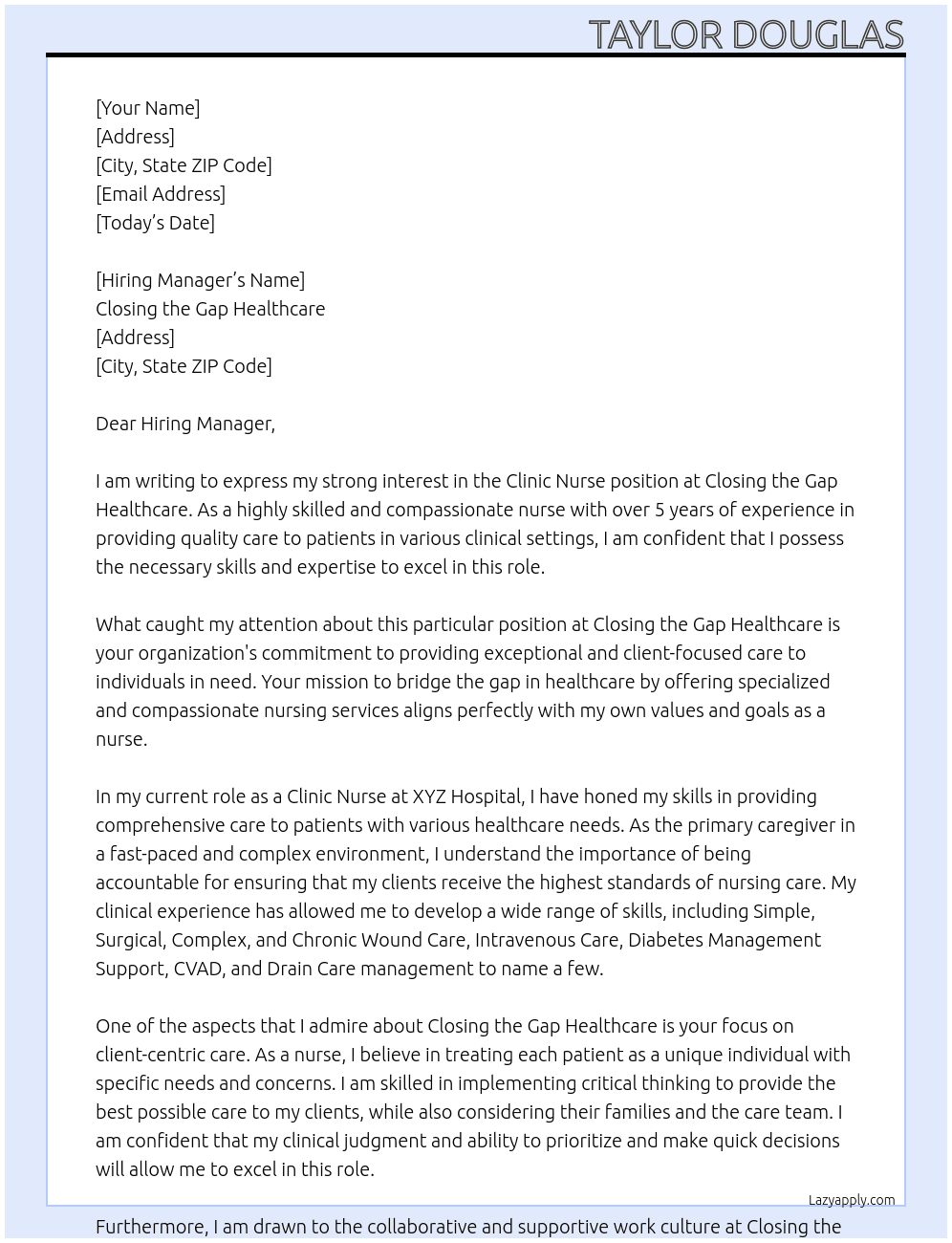Clinic Nurse At Closing the Gap Healthcare Cover Letter