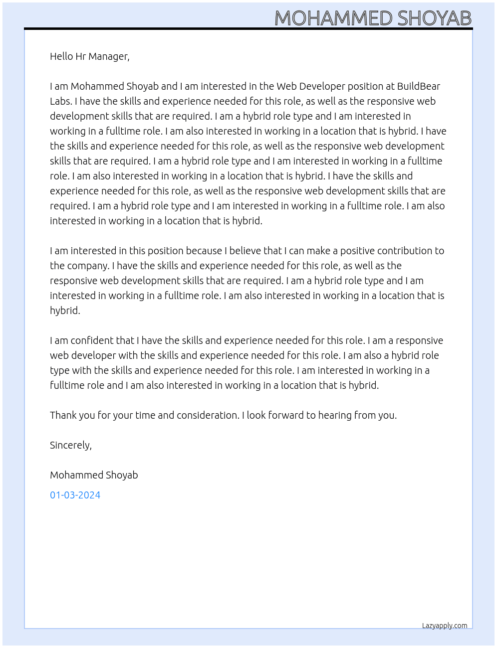 Web developer  At BuildBear Labs Cover Letter
