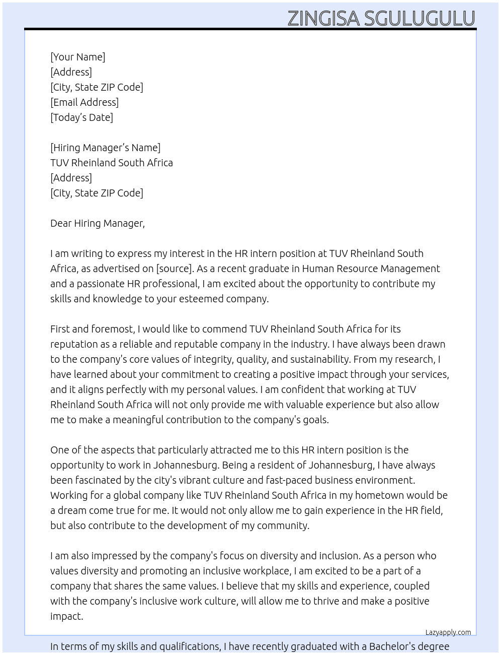 HR intern  At TUV Rheinland South Africa  Cover Letter