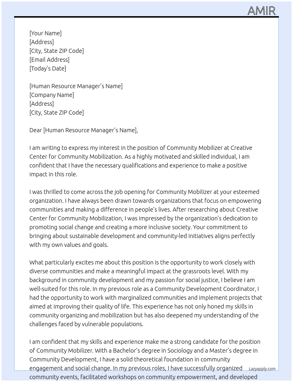 Community mobilizer At Creative Center for Community Mobilization  Cover Letter