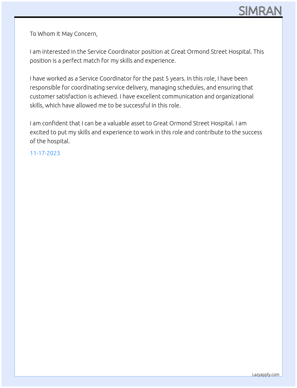 Service Coordinator At Great Ormond Street Hospital Cover Letter