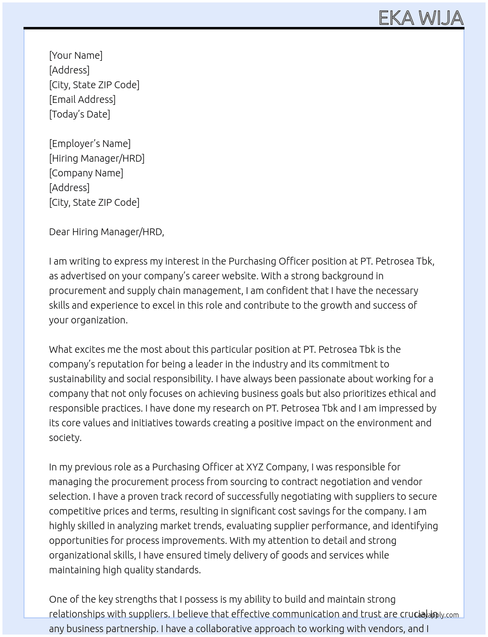 Purchasing Officer At PT. Petrosea Tbk Cover Letter