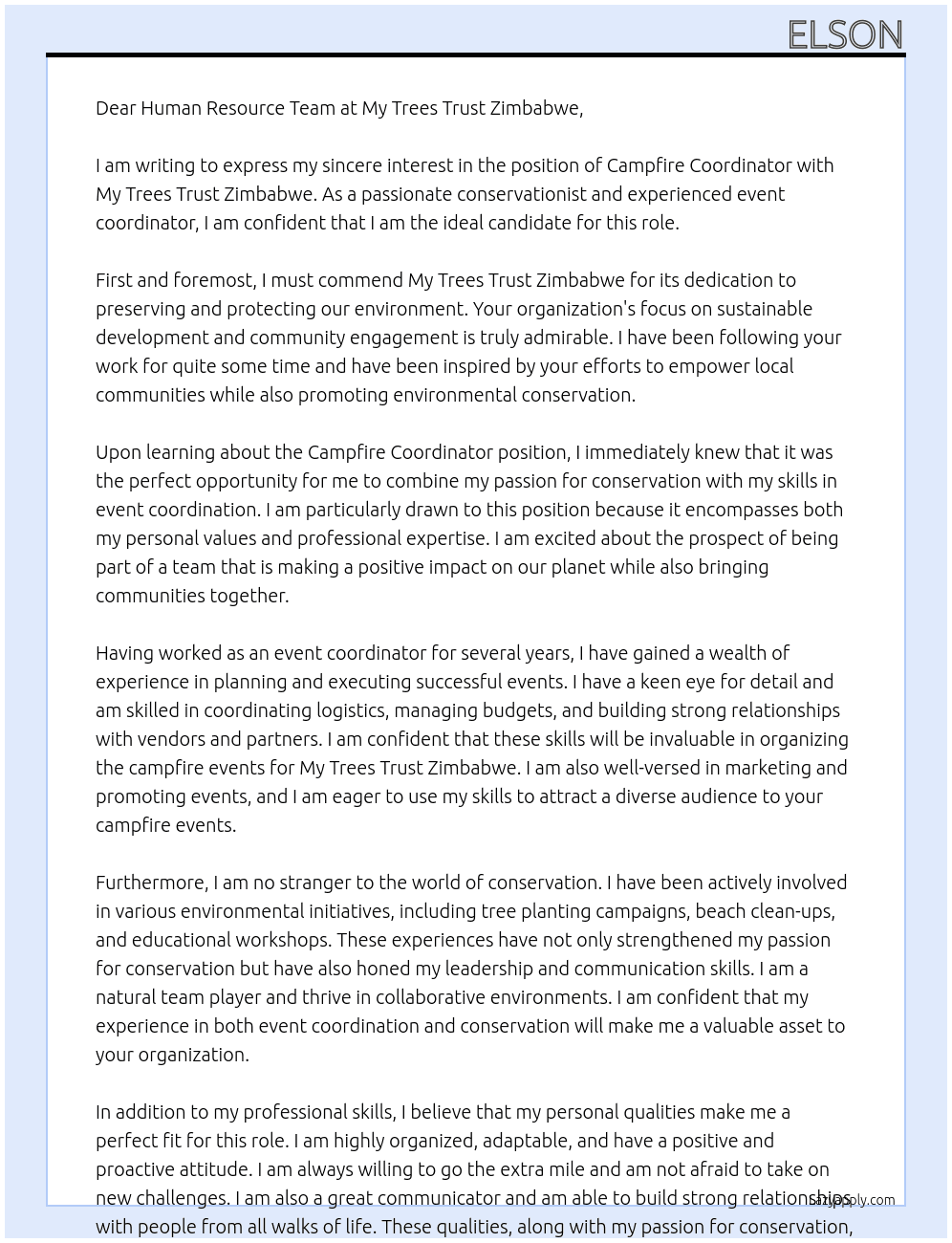campfire coordinator At My Trees Trust Zimbabwe Cover Letter