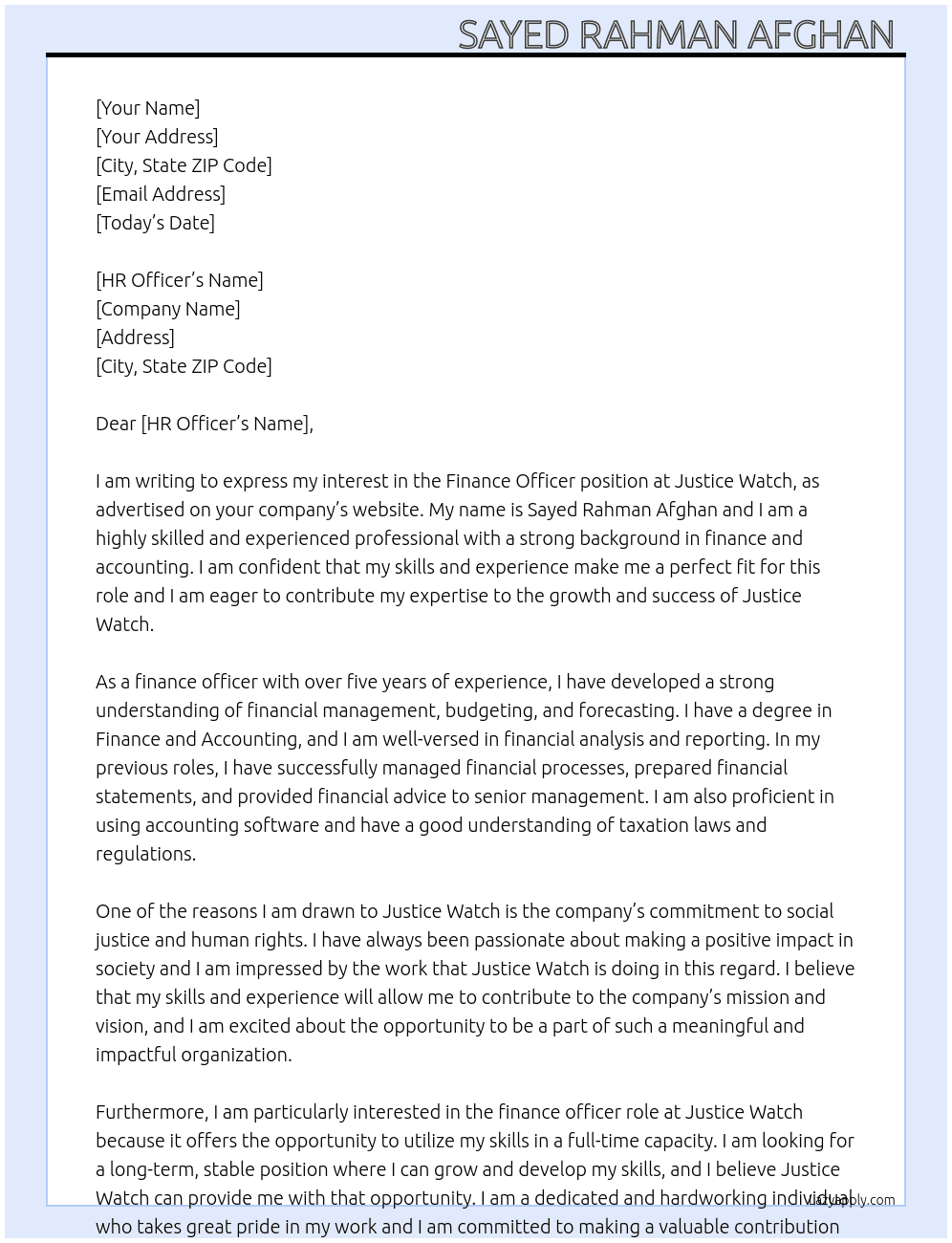 Finance officer  At Justice watch  Cover Letter