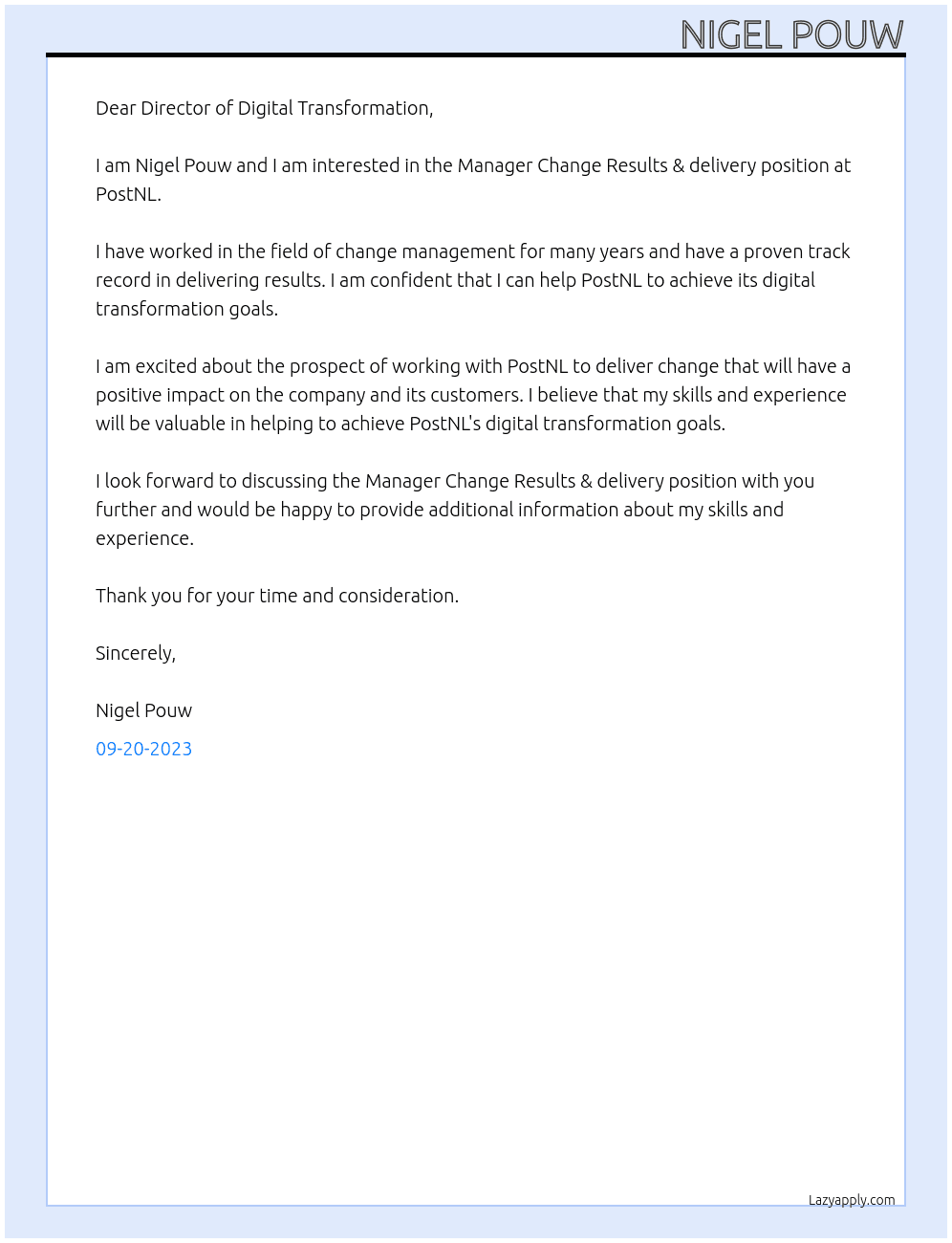 Manager Change Results & delivery At PostNL Cover Letter
