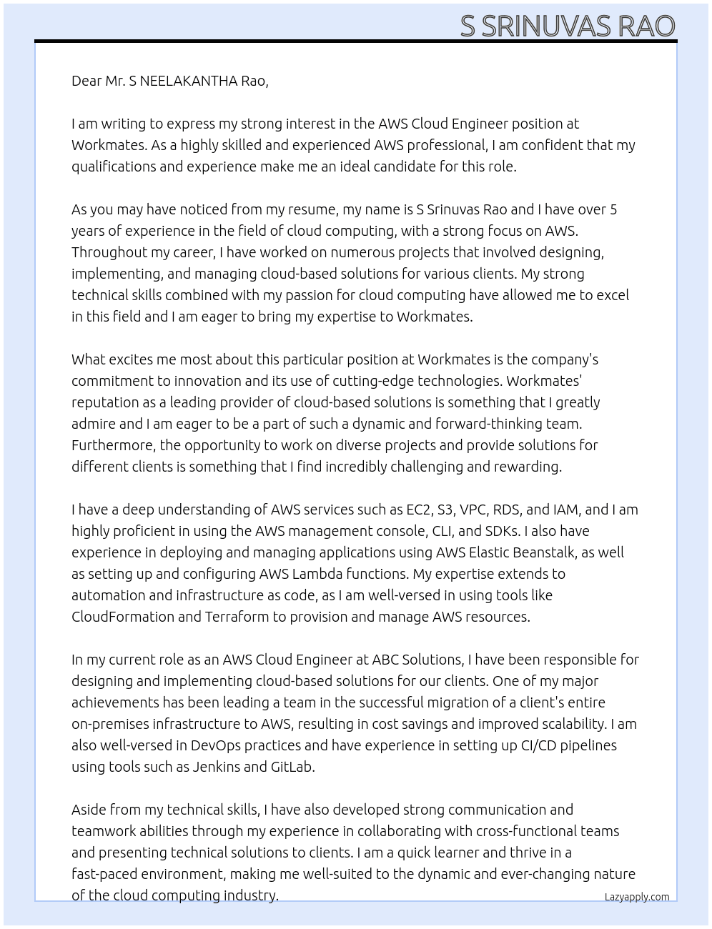 AWS Cloud Engineer At workmates Cover Letter