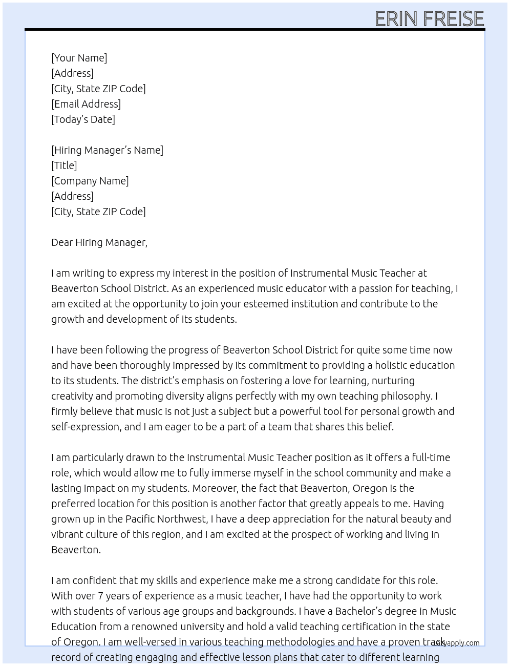 Instrumental Music Teacher At Beaverton School District Cover Letter