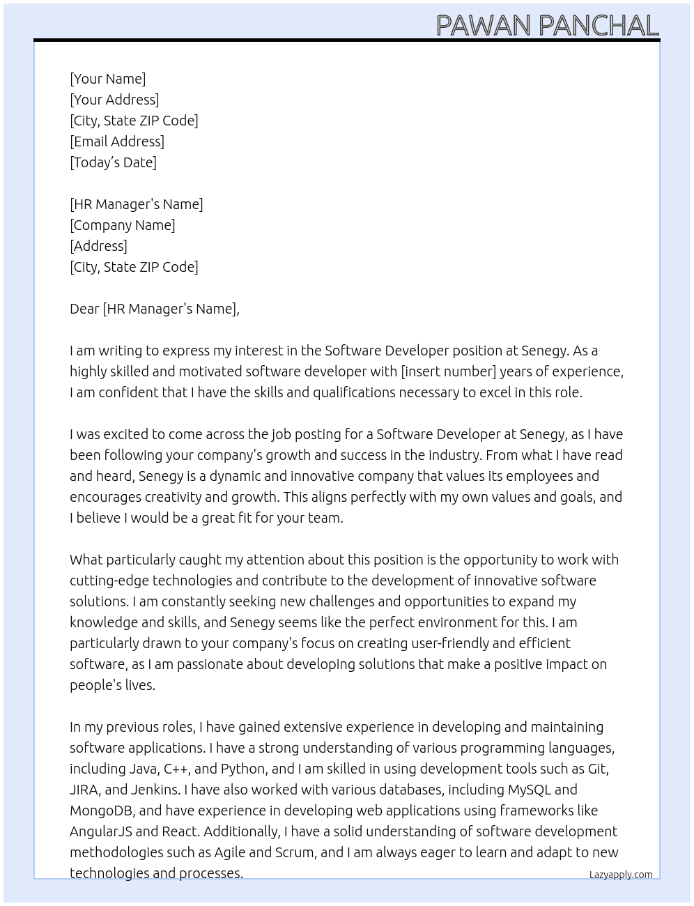 Software Developer At Senegy Cover Letter