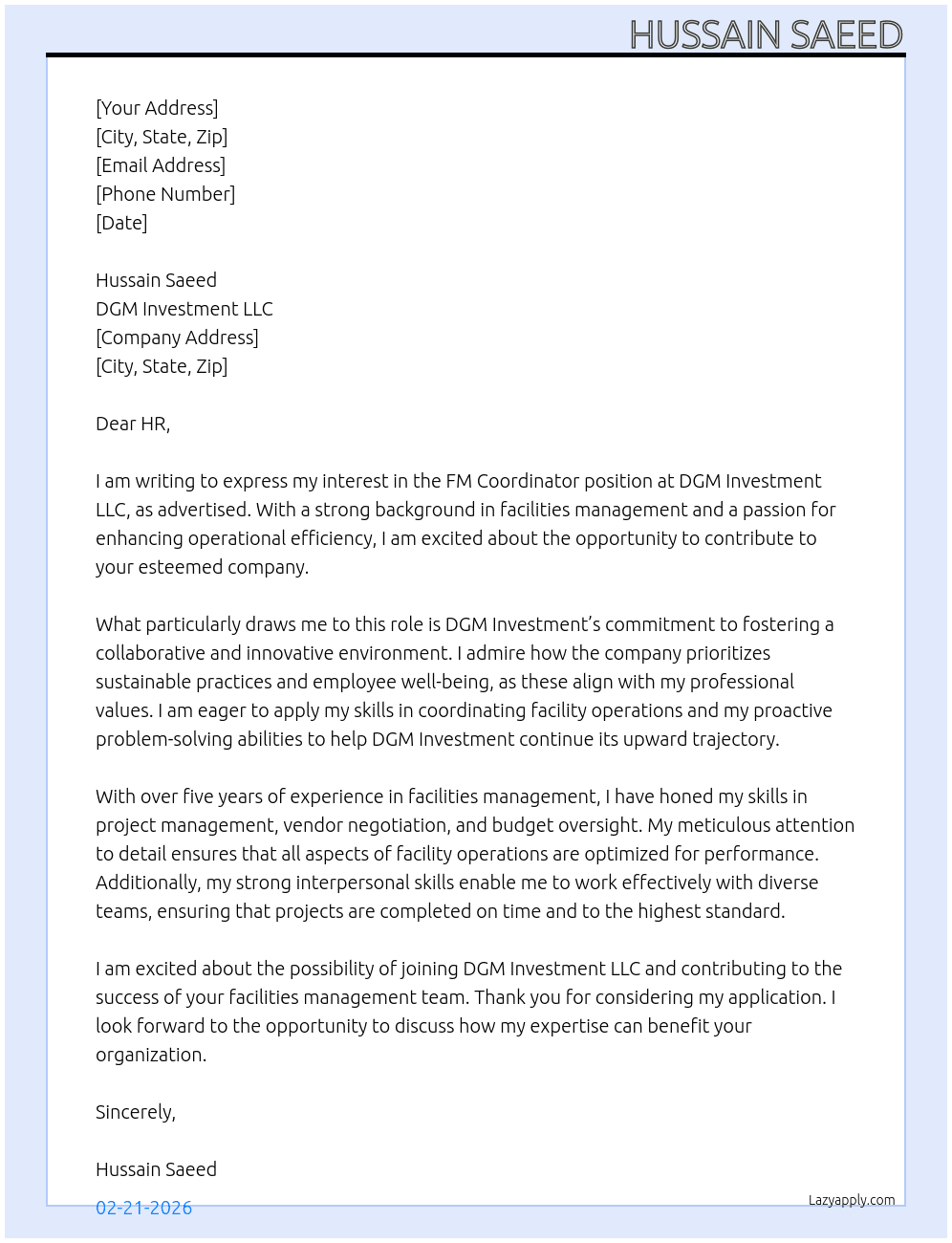 FM Coordinator At DGM Investment LLC Cover Letter