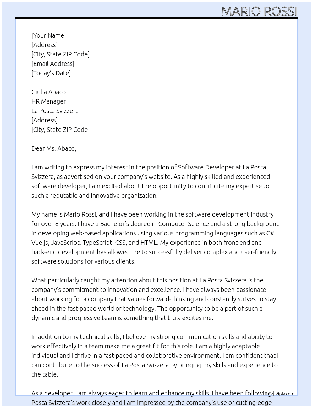 Software Developer  At La Posta Svizzera  Cover Letter