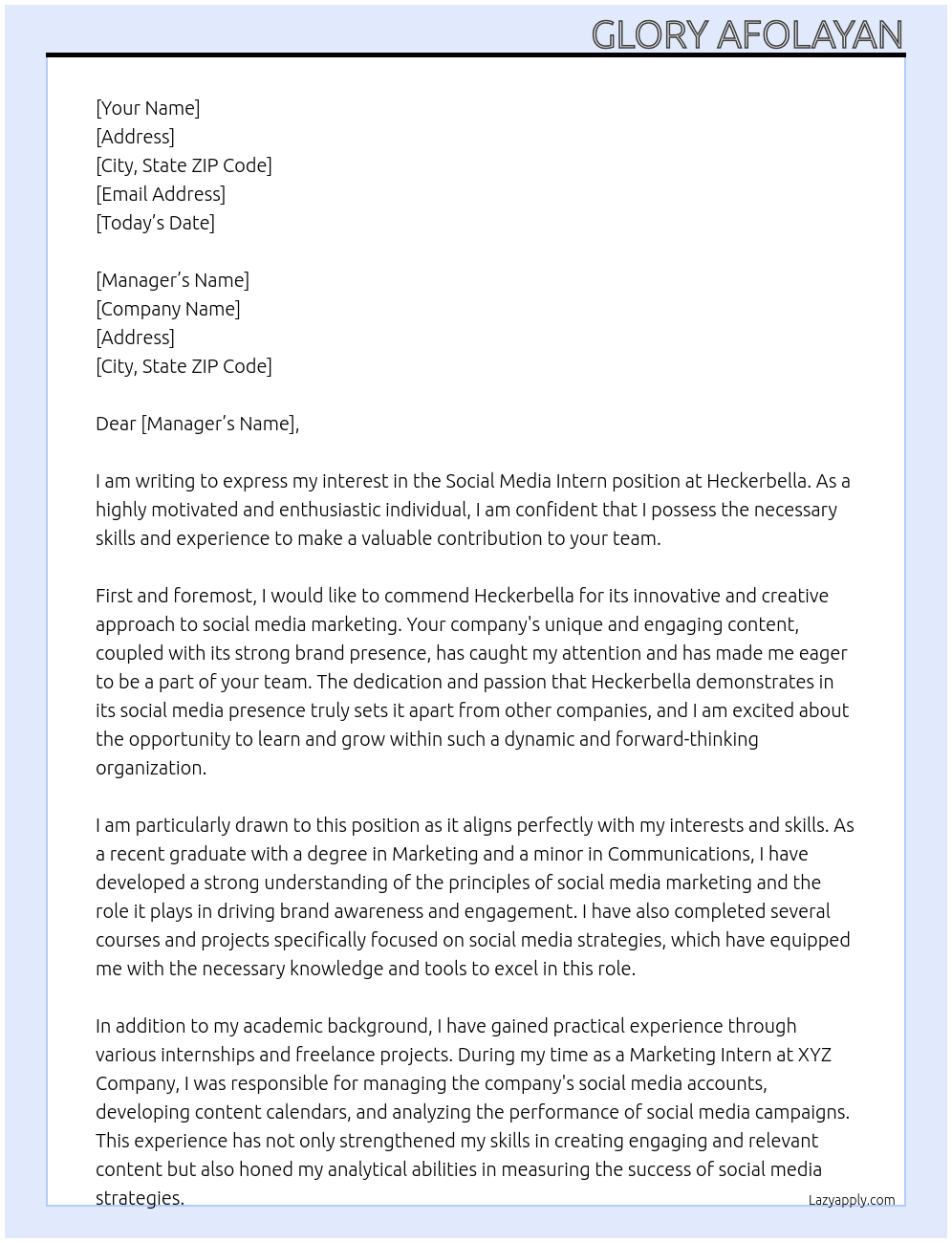 Social media intern At Heckerbella Cover Letter