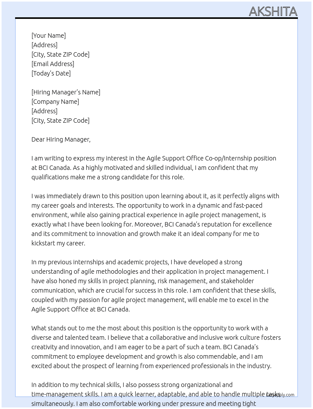 Agile Support Office Co-op/Internship  At BCI Canada Cover Letter