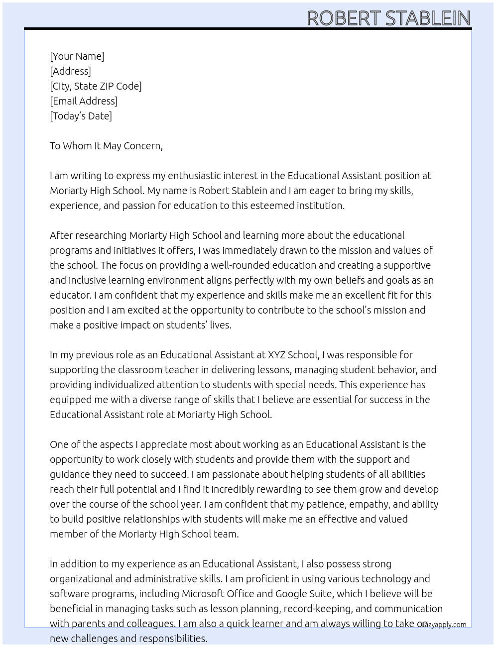Educational Assistant At Moriarty High School Cover Letter