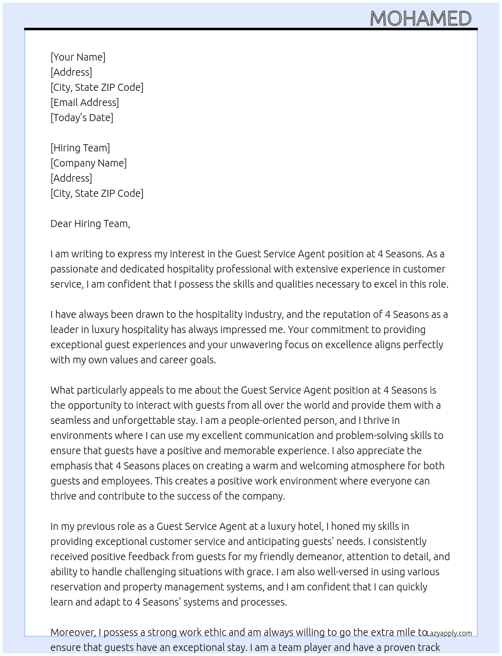Guest service agent  At 4 seasons  Cover Letter