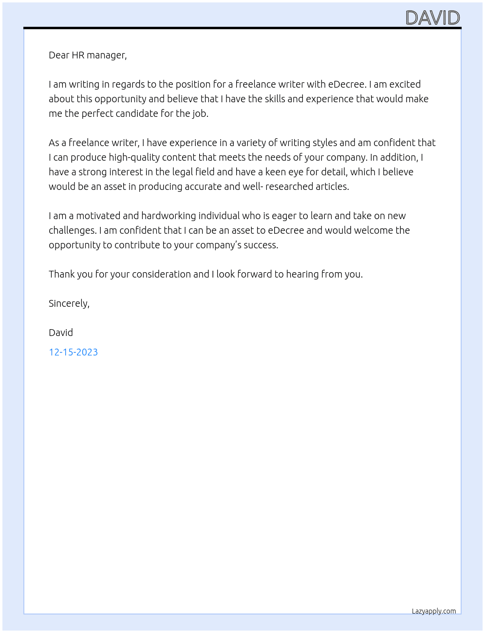wfh freelance At eDecree Cover Letter