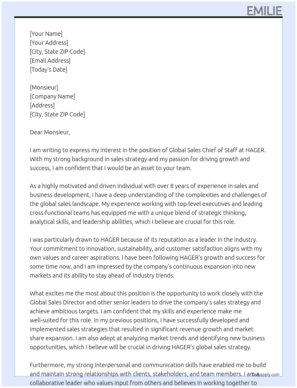Global Sales Chief of Staff  At HAGER Cover Letter
