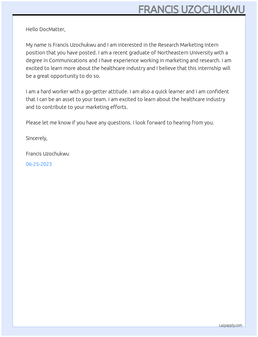 Research Marketing Intern At DocMatter Cover Letter