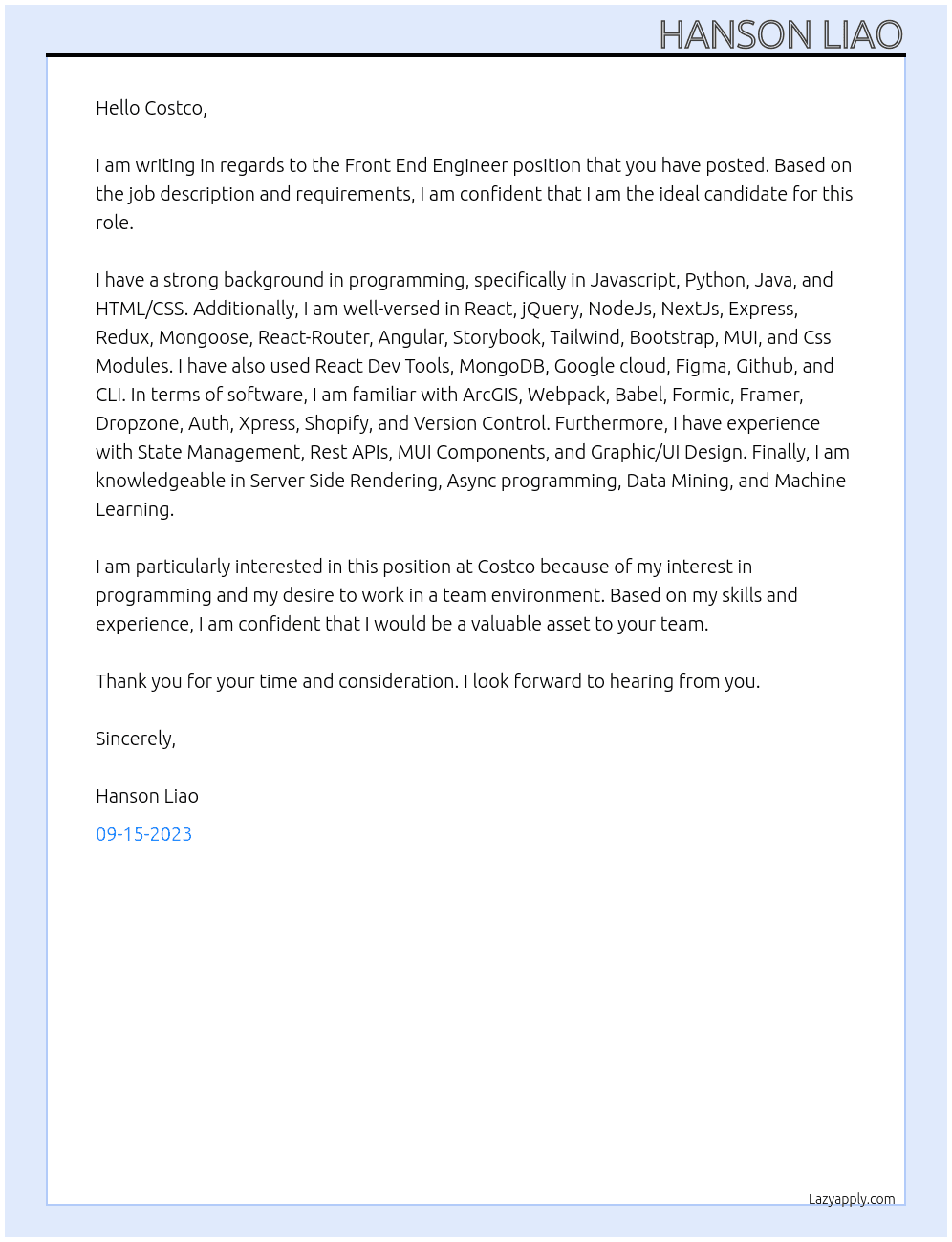 Front End Engineer At Costco Cover Letter