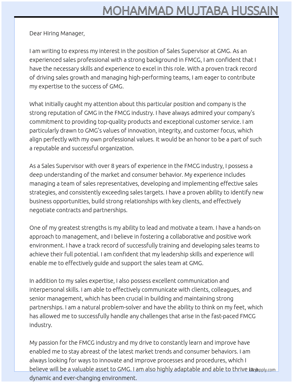 Sales Supervisor At GMG Cover Letter