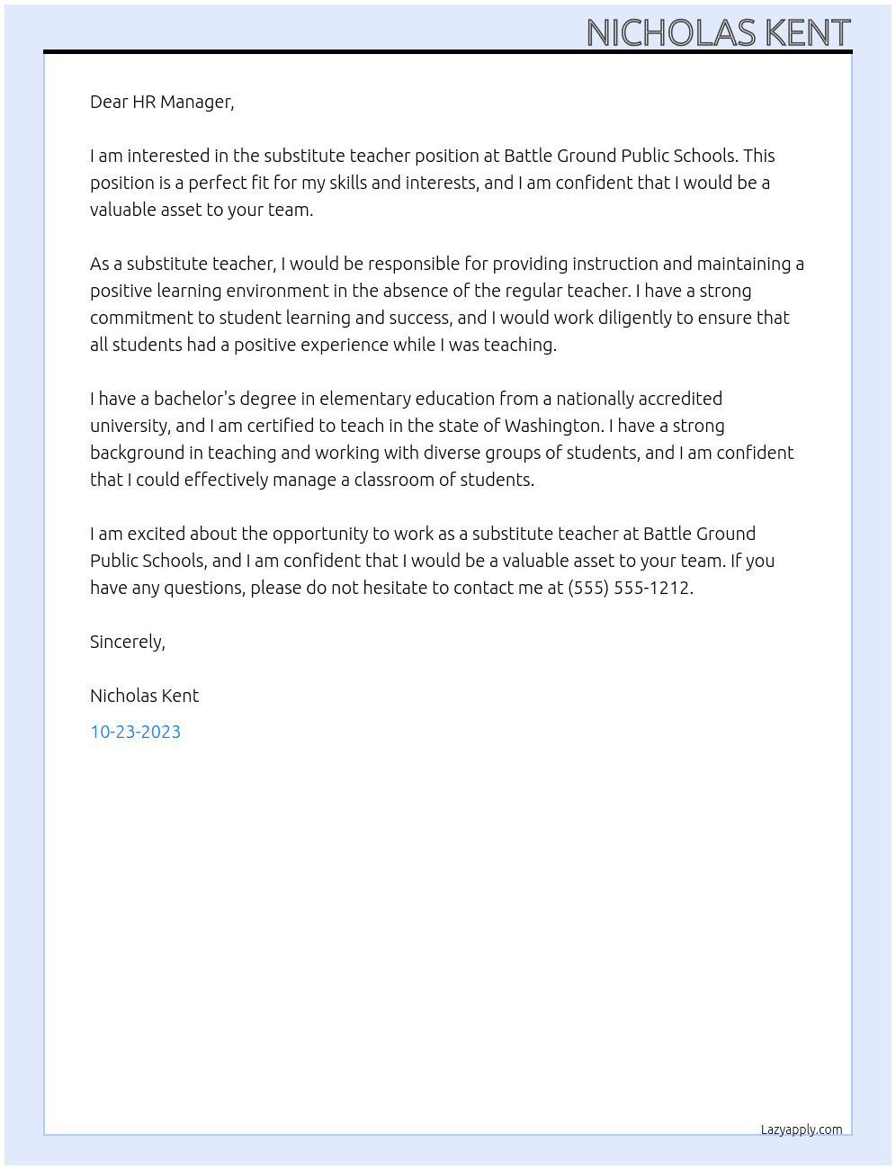 Subsitute Teacher At Battle Ground  Public Schools Cover Letter