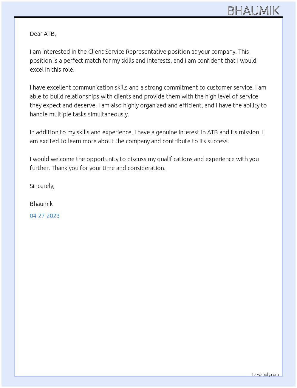 client service representative  At ATB Cover Letter