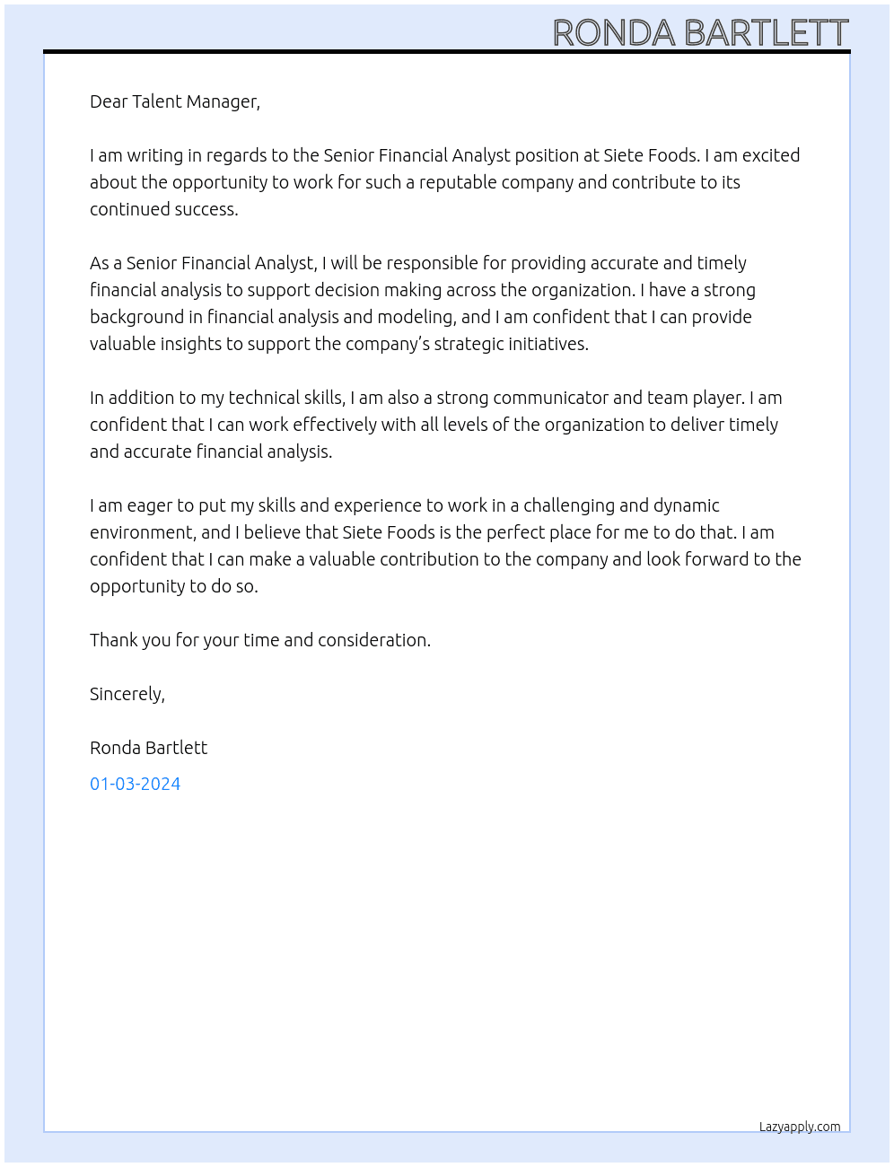 Senior Financial Analyst  At Siete Foods Cover Letter