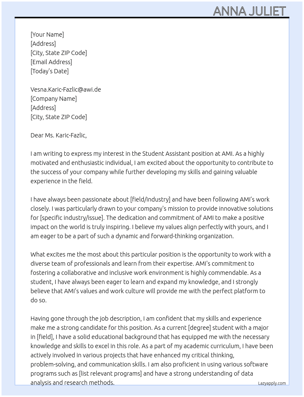 Student assistant  At AMI Cover Letter