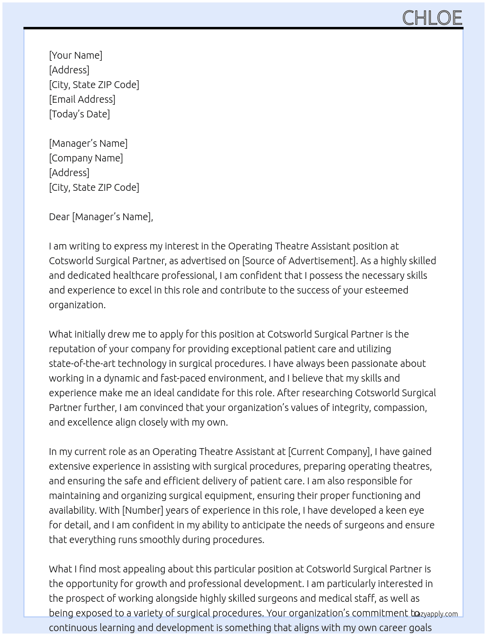 Operating Theatre Assistant At Cotsworld Surgical Partner  Cover Letter