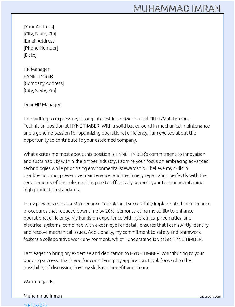 Mechanical Fitter/Maintenance Technician  At HYNE TIMBER Cover Letter